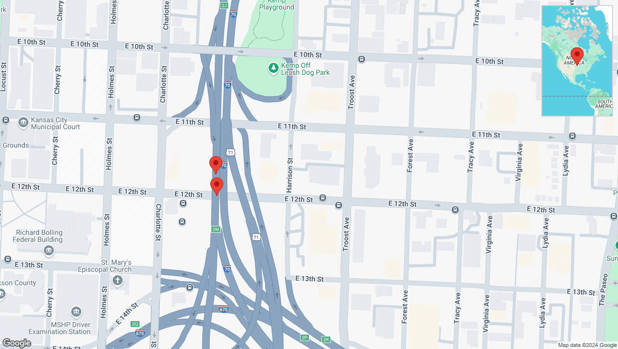 A detailed map that shows the affected road due to 'Broken down vehicle on eastbound I-70 in Kansas City' on October 15th at 8:16 p.m.