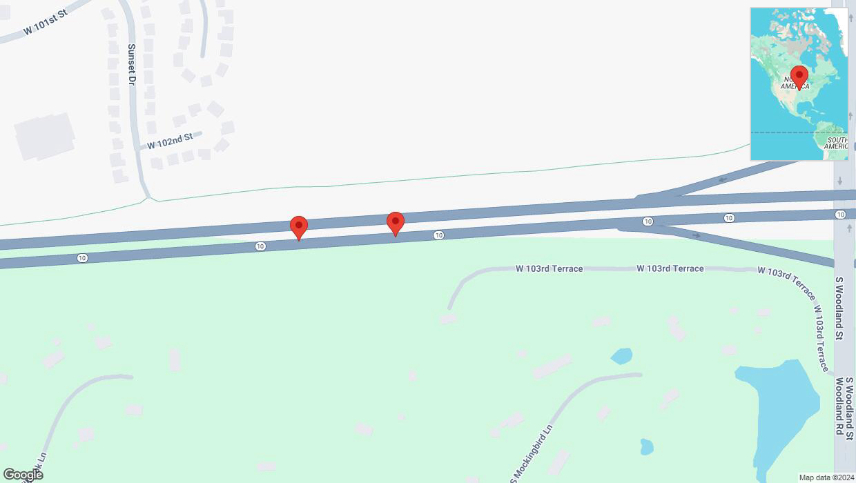A detailed map that shows the affected road due to 'Broken down vehicle on eastbound K-10 in Lenexa' on October 16th at 11:14 a.m.