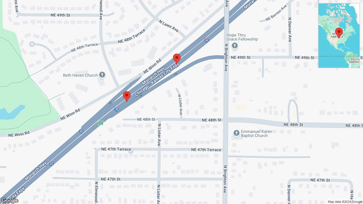 A detailed map that shows the affected road due to 'Broken down vehicle on northbound I-35 in Kansas City' on October 16th at 3:10 p.m.