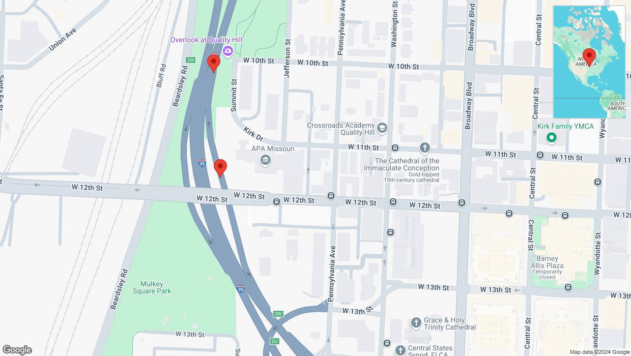 A detailed map that shows the affected road due to 'Broken down vehicle on Kirk Drive in Kansas City' on October 16th at 4:40 p.m.