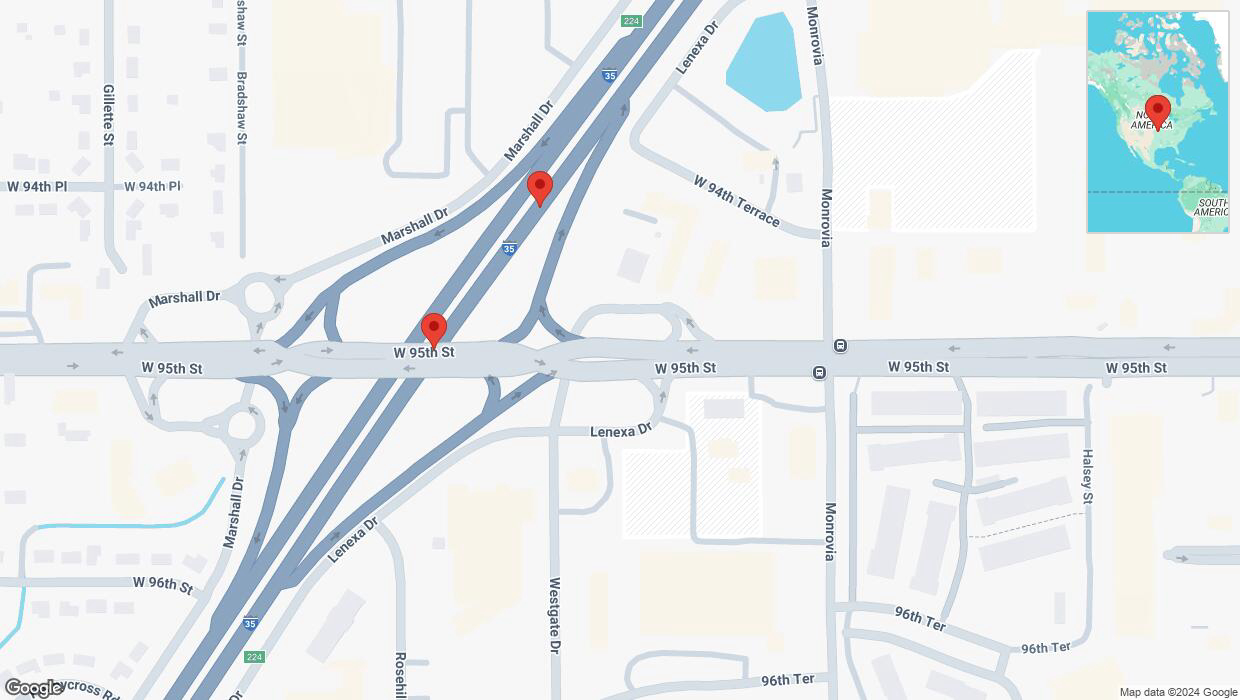 A detailed map that shows the affected road due to 'Broken down vehicle on eastbound I-35 in Lenexa' on October 17th at 1:10 p.m.