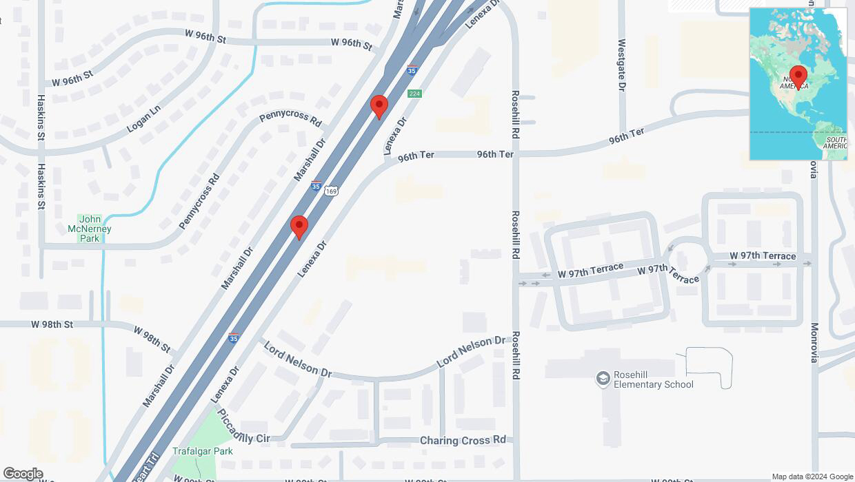A detailed map that shows the affected road due to 'Warning: Crash on eastbound I-35 in Lenexa' on October 17th at 4:34 p.m.
