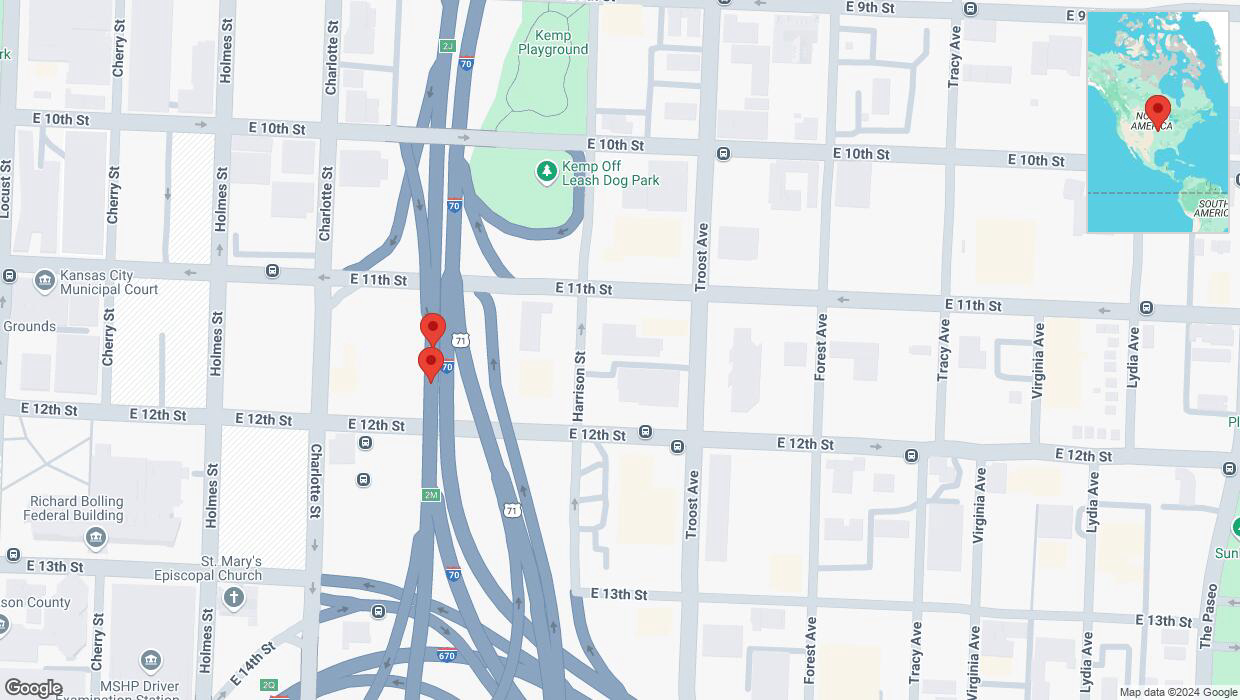 A detailed map that shows the affected road due to 'Broken down vehicle on eastbound I-70 in Kansas City' on October 17th at 8:40 p.m.