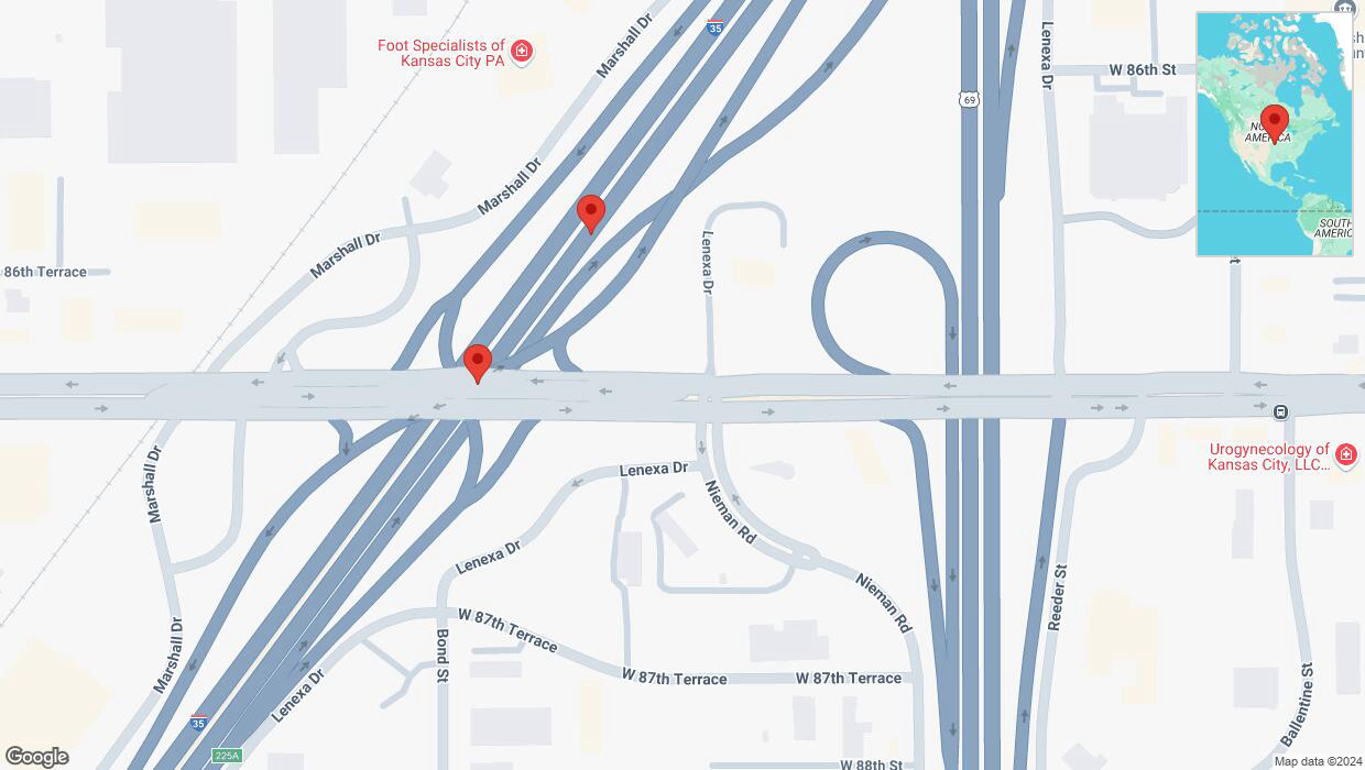 A detailed map that shows the affected road due to 'Broken down vehicle on eastbound I-35 in Overland Park' on October 17th at 7:28 p.m.