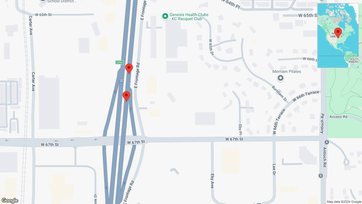 A detailed map that shows the affected road due to 'Broken down vehicle on eastbound I-35 in Merriam' on October 18th at 8:34 p.m.