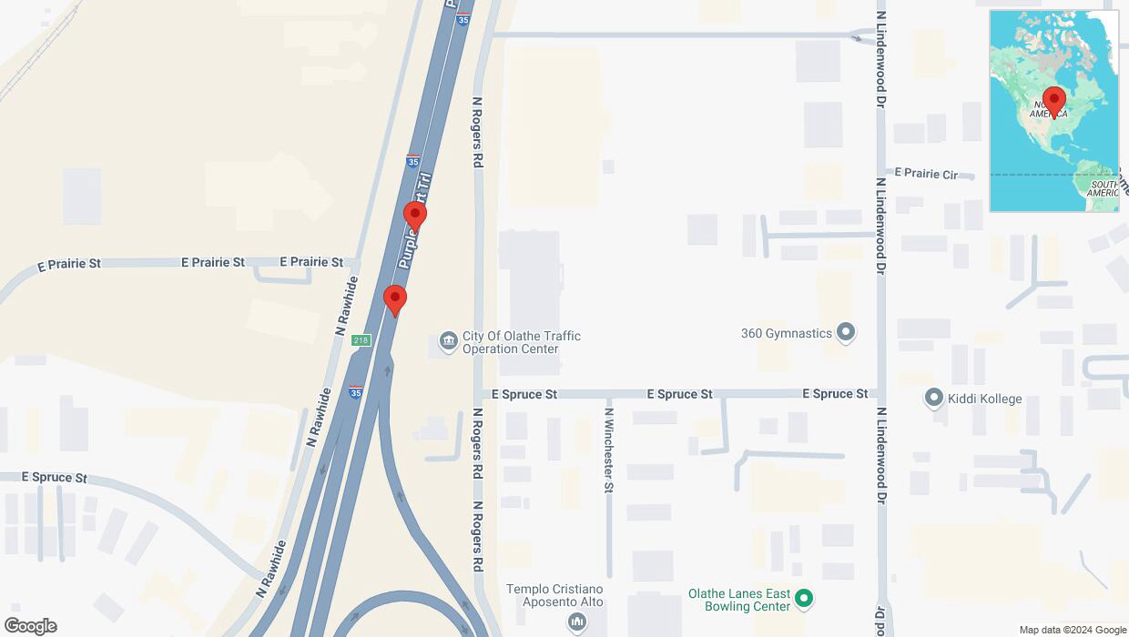 A detailed map that shows the affected road due to 'Broken down vehicle on eastbound I-35 in Olathe' on October 18th at 9:28 p.m.