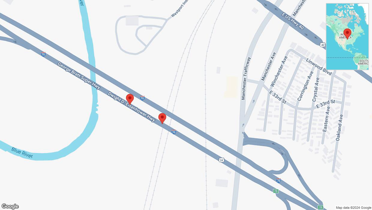 A detailed map that shows the affected road due to 'Broken down vehicle on eastbound I-70 in Kansas City' on October 20th at 5:45 p.m.