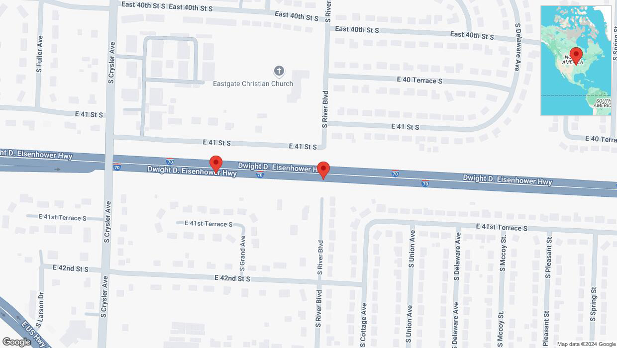 A detailed map that shows the affected road due to 'Broken down vehicle on eastbound I-70 in Independence' on October 20th at 10:27 p.m.