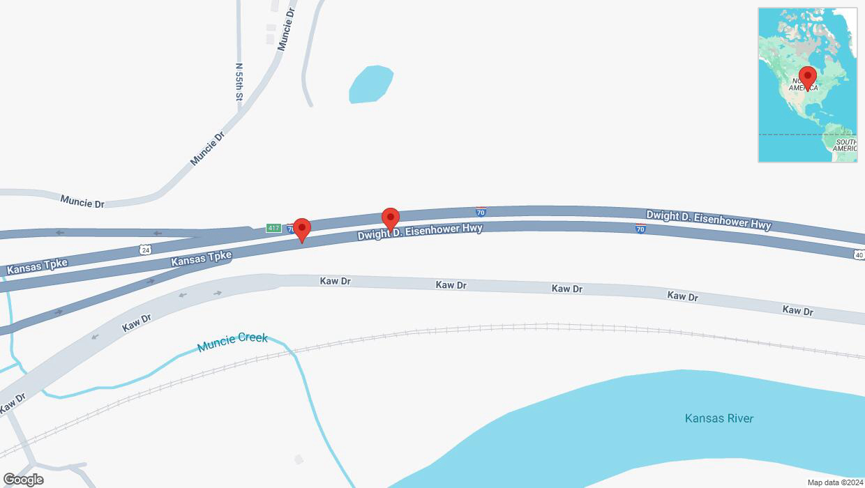 A detailed map that shows the affected road due to 'Broken down vehicle on eastbound I-70 in Kansas City' on October 21st at 3:15 p.m.