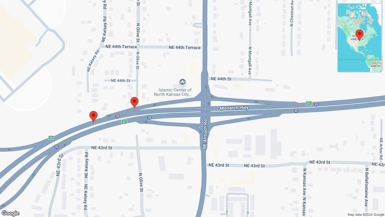A detailed map that shows the affected road due to 'Broken down vehicle on North Olive Street in Kansas City' on October 22nd at 3:15 p.m.