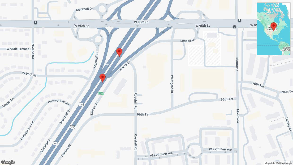 A detailed map that shows the affected road due to 'Broken down vehicle on eastbound I-35 in Lenexa' on October 22nd at 2:57 p.m.