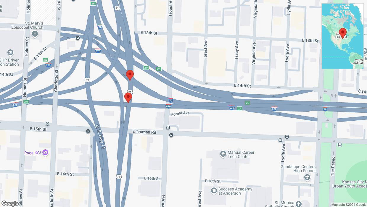 A detailed map that shows the affected road due to 'Crash reported on northbound US-71 in Kansas City' on October 22nd at 6:15 p.m.