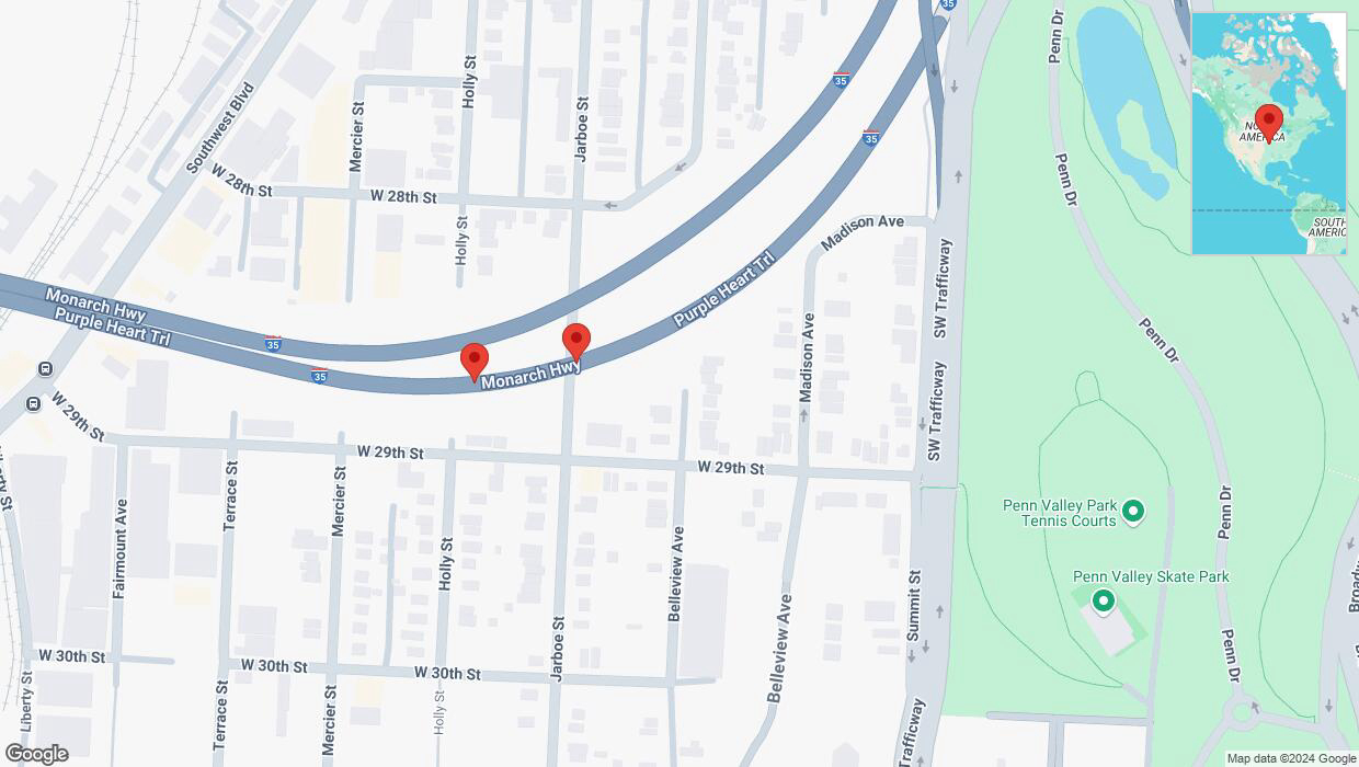 A detailed map that shows the affected road due to 'Broken down vehicle on northbound I-35 in Kansas City' on October 22nd at 6:39 p.m.