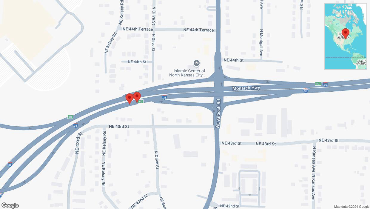 A detailed map that shows the affected road due to 'Broken down vehicle on northbound I-35 in Kansas City' on October 23rd at 2:39 p.m.