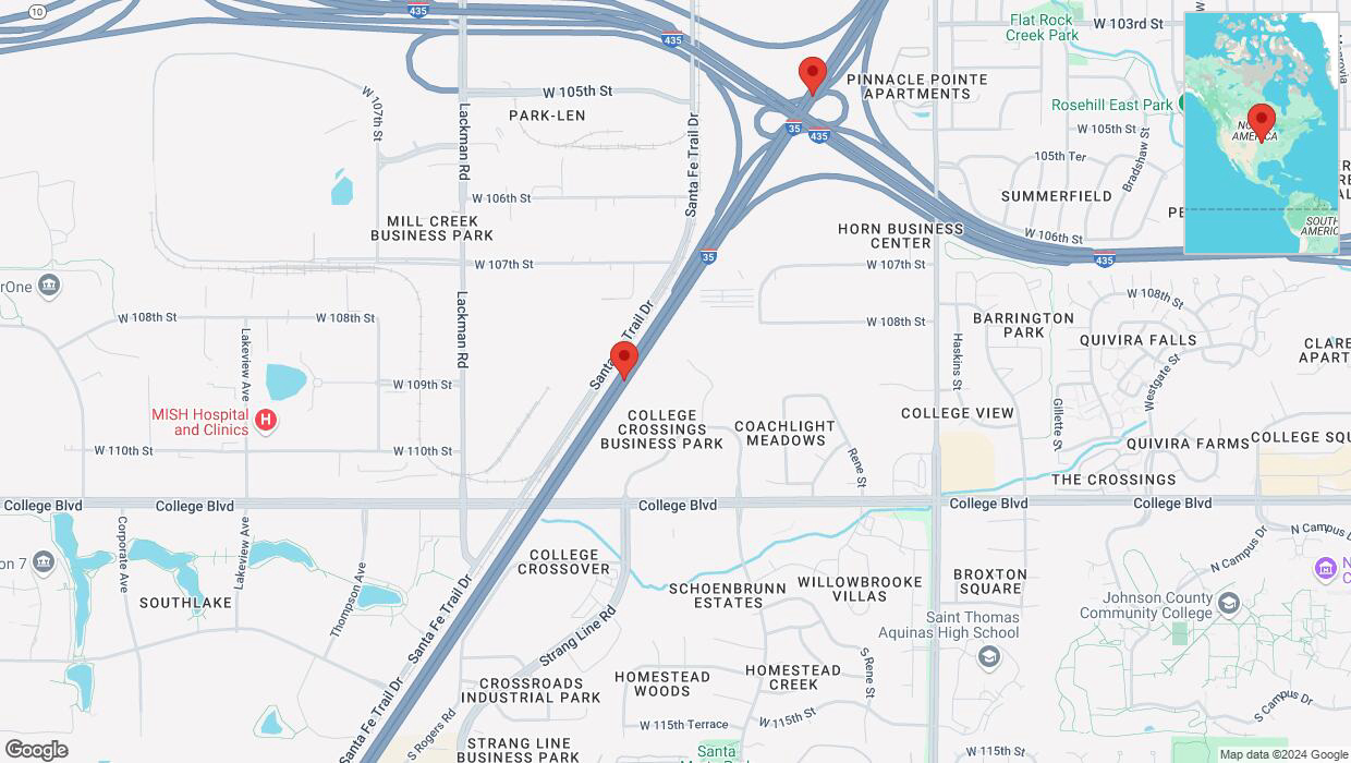 A detailed map that shows the affected road due to 'Warning: Crash on eastbound I-35 in Lenexa' on October 23rd at 4:21 p.m.