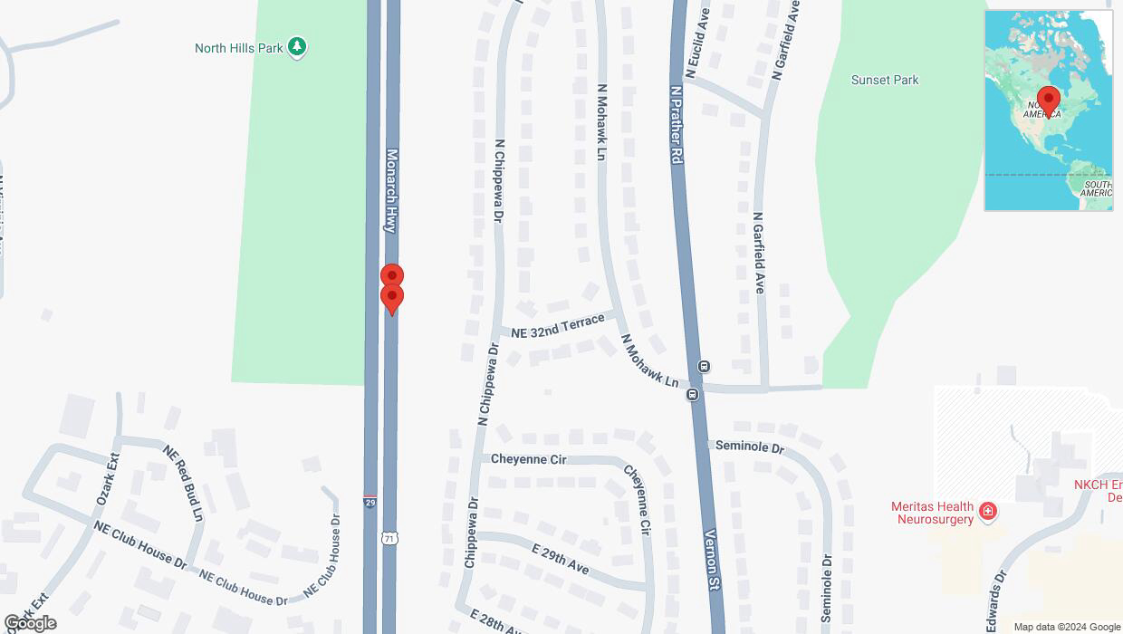 A detailed map that shows the affected road due to 'Broken down vehicle on northbound I-29/I-35 in Kansas City' on October 23rd at 7:03 p.m.