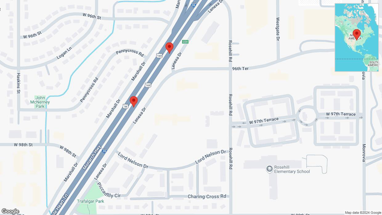 A detailed map that shows the affected road due to 'Broken down vehicle on eastbound I-35 in Lenexa' on October 24th at 7:15 p.m.