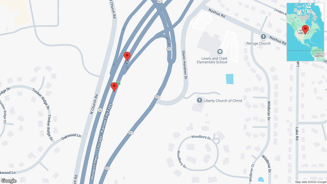 A detailed map that shows the affected road due to 'Broken down vehicle on northbound I-35 in Liberty' on October 24th at 9:03 p.m.