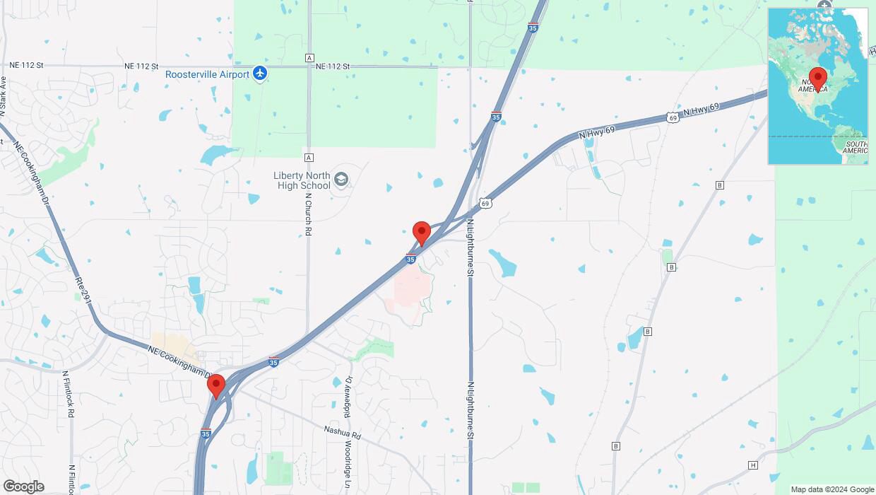 A detailed map that shows the affected road due to 'Traffic alert issued due to heavy rain conditions on southbound I-35 in Liberty' on October 24th at 9:33 p.m.