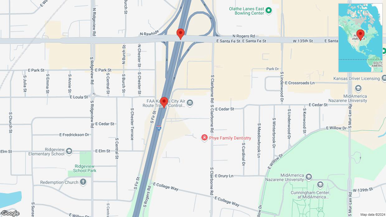 A detailed map that shows the affected road due to 'Left lane on I-35 closed in Olathe' on October 25th at 2:45 p.m.