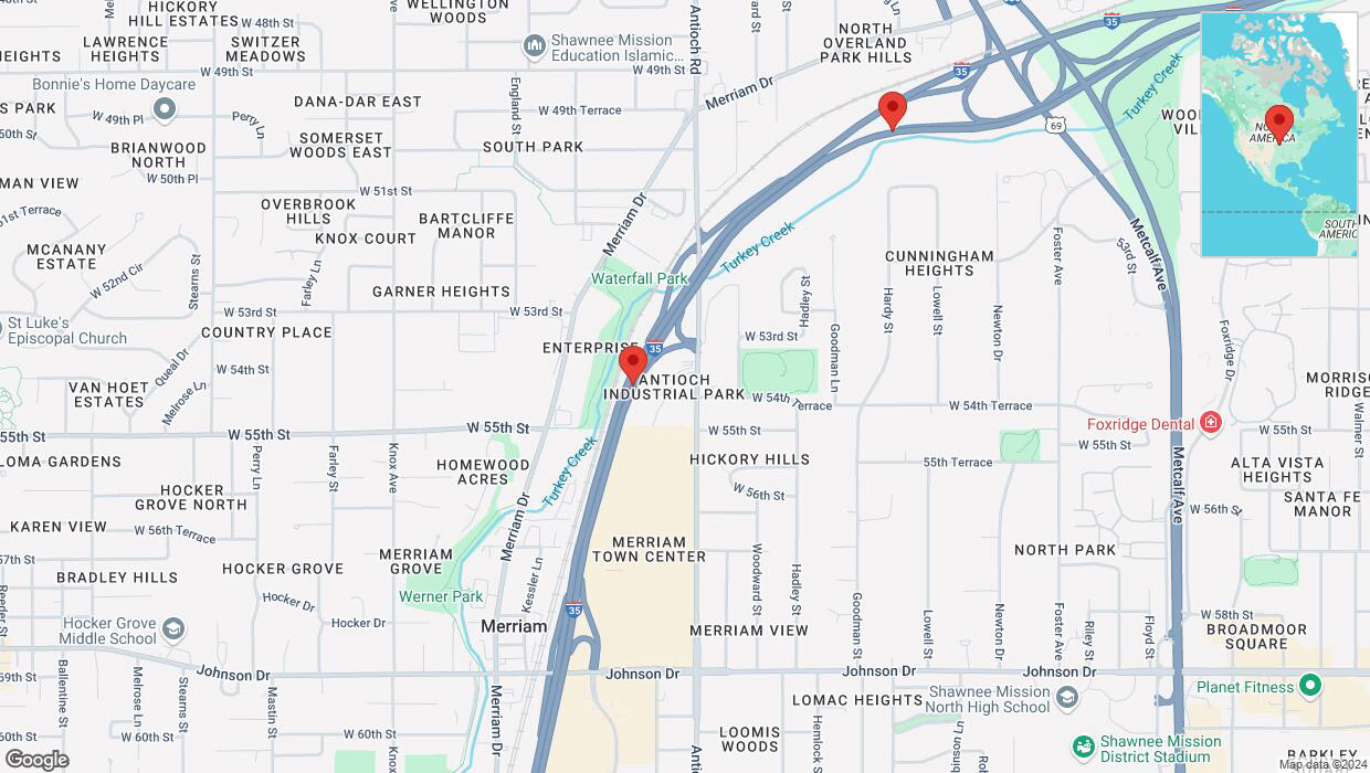 A detailed map that shows the affected road due to 'Crash reported on northbound I-35 in Merriam' on October 25th at 2:45 p.m.