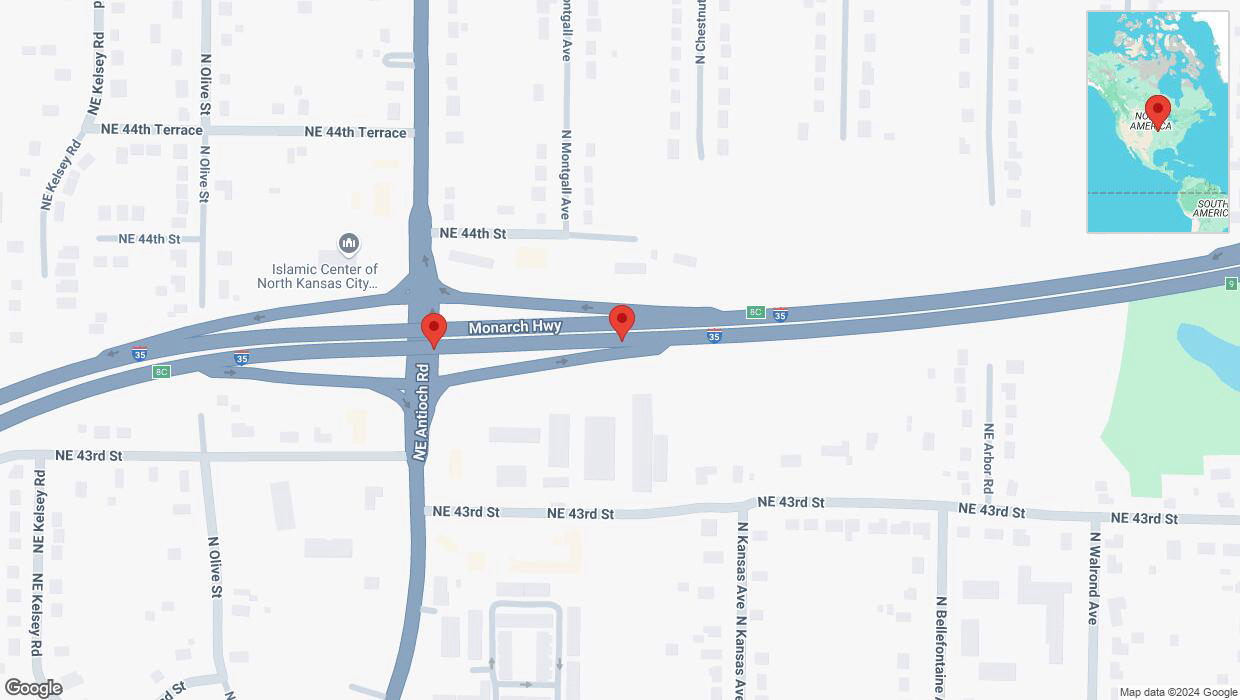 A detailed map that shows the affected road due to 'Broken down vehicle on northbound I-35 in Kansas City' on October 25th at 9:09 p.m.