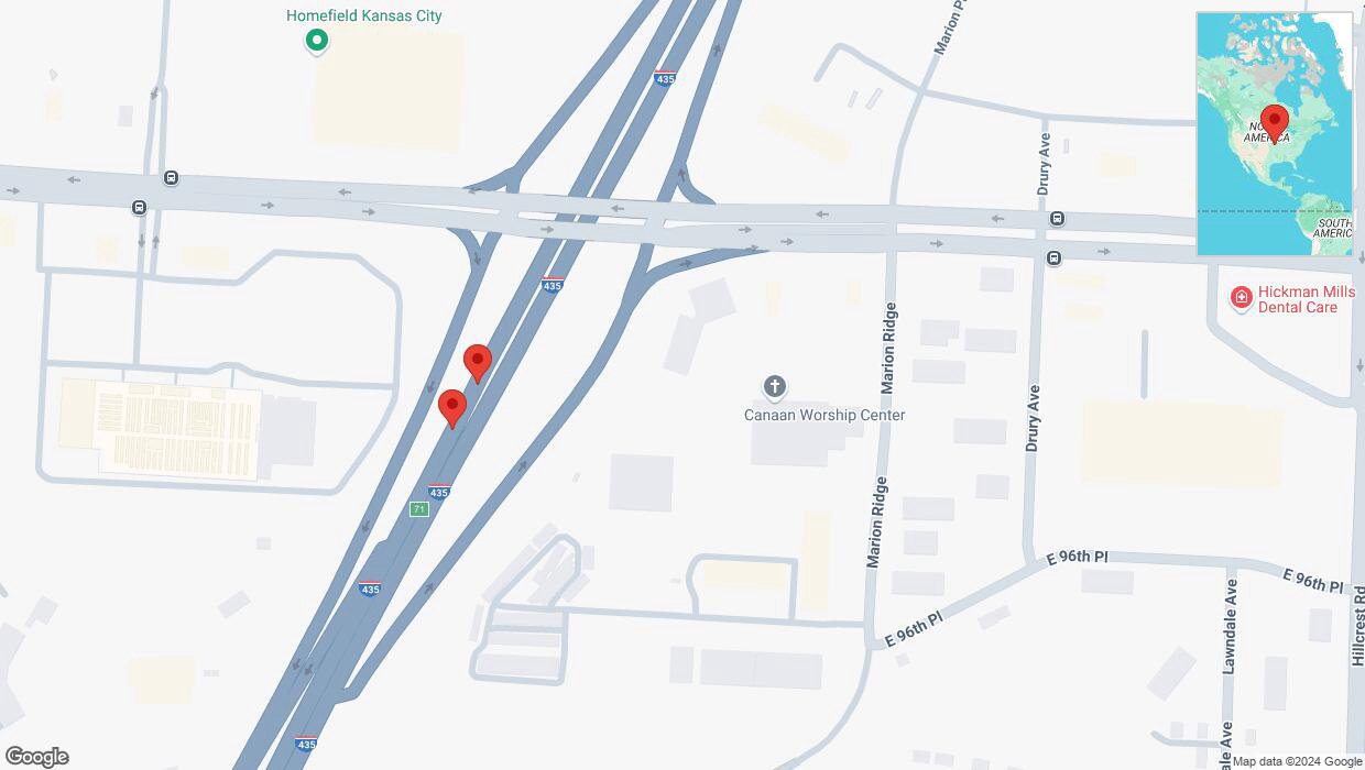 A detailed map that shows the affected road due to 'Broken down vehicle on southbound I-435 in Kansas City' on October 26th at 11:57 a.m.
