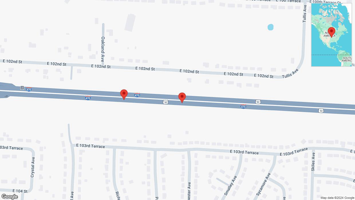 A detailed map that shows the affected road due to 'Broken down vehicle on eastbound I-470 in Kansas City' on October 26th at 3:27 p.m.