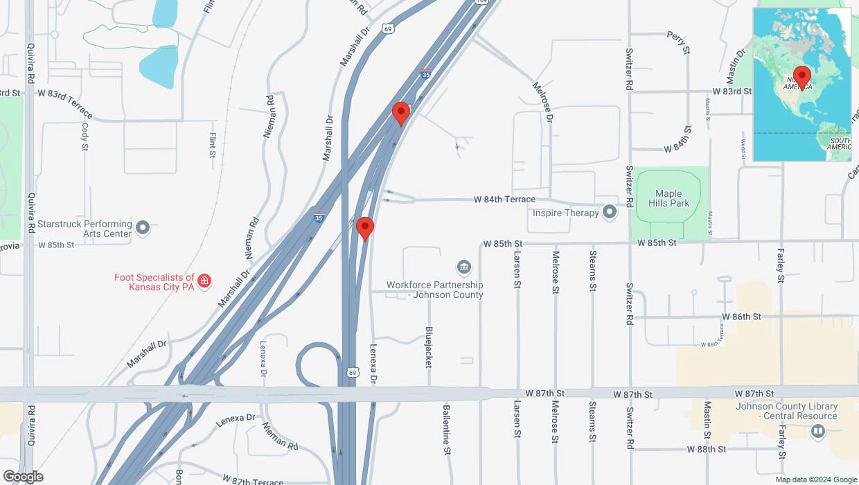 A detailed map that shows the affected road due to 'Broken down vehicle on West 86th Street in Lenexa' on October 26th at 7:03 p.m.