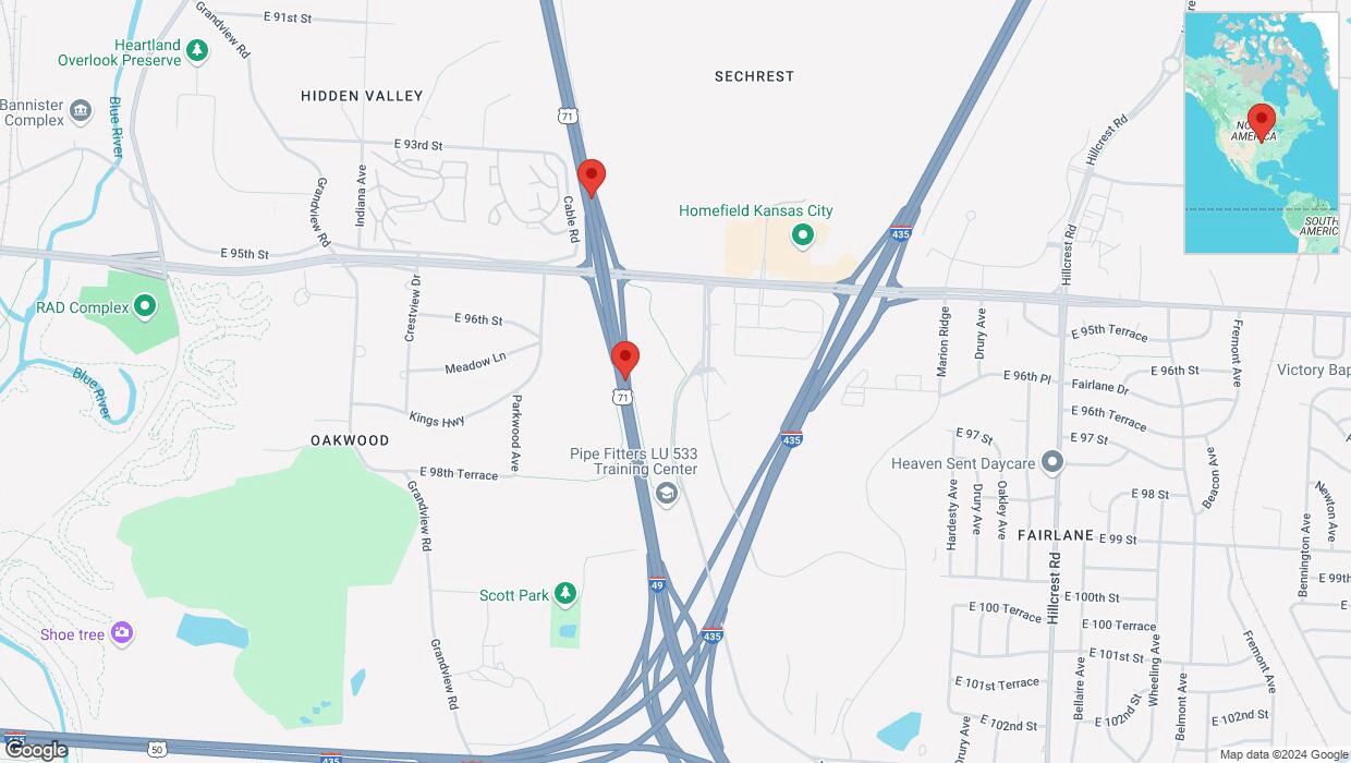 A detailed map that shows the affected road due to 'Broken down vehicle on northbound I-40/US-71 in Kansas City' on October 27th at 1:52 p.m.