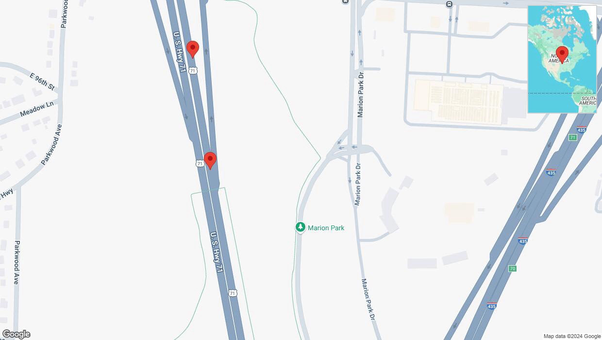 A detailed map that shows the affected road due to 'Broken down vehicle on northbound I-40/US-71 in Kansas City' on October 27th at 1:58 p.m.