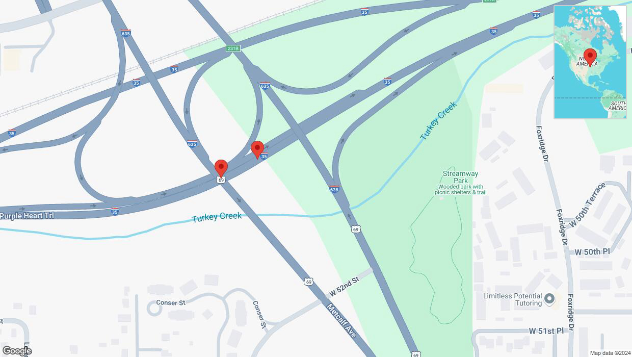 A detailed map that shows the affected road due to 'Broken down vehicle on northbound I-35 in Overland Park' on October 28th at 9:46 p.m.