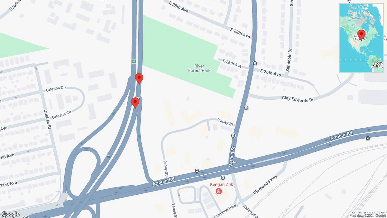 A detailed map that shows the affected road due to 'Broken down vehicle on northbound I-29/I-35 in North Kansas City' on October 28th at 4:58 p.m.