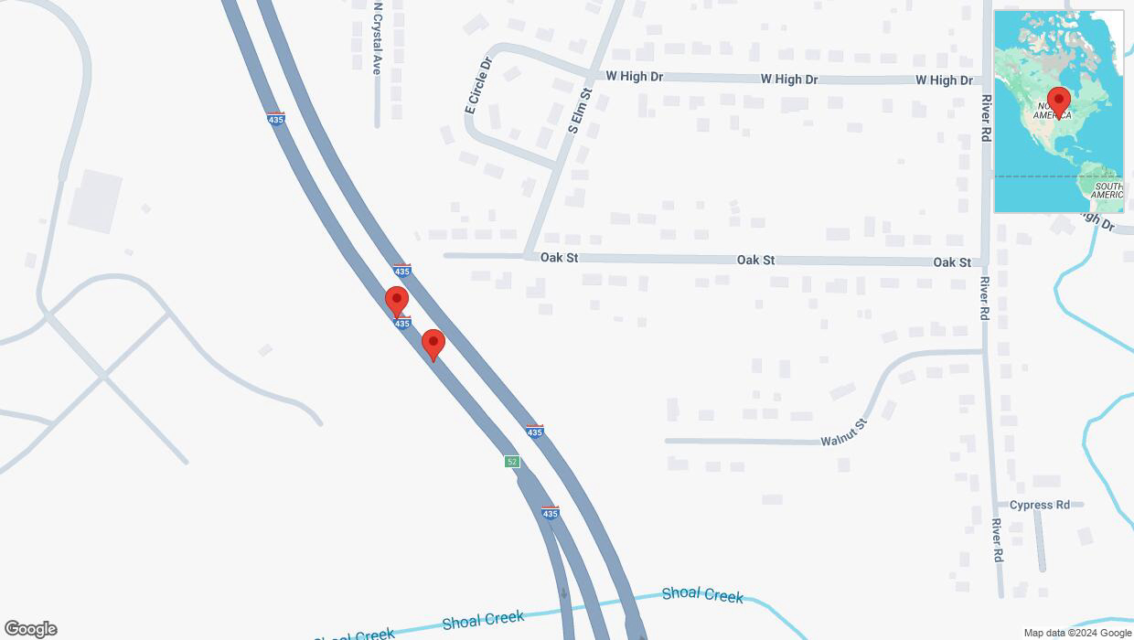 A detailed map that shows the affected road due to 'Broken down vehicle on southbound I-435 in Pleasant Valley' on October 29th at 4:11 p.m.
