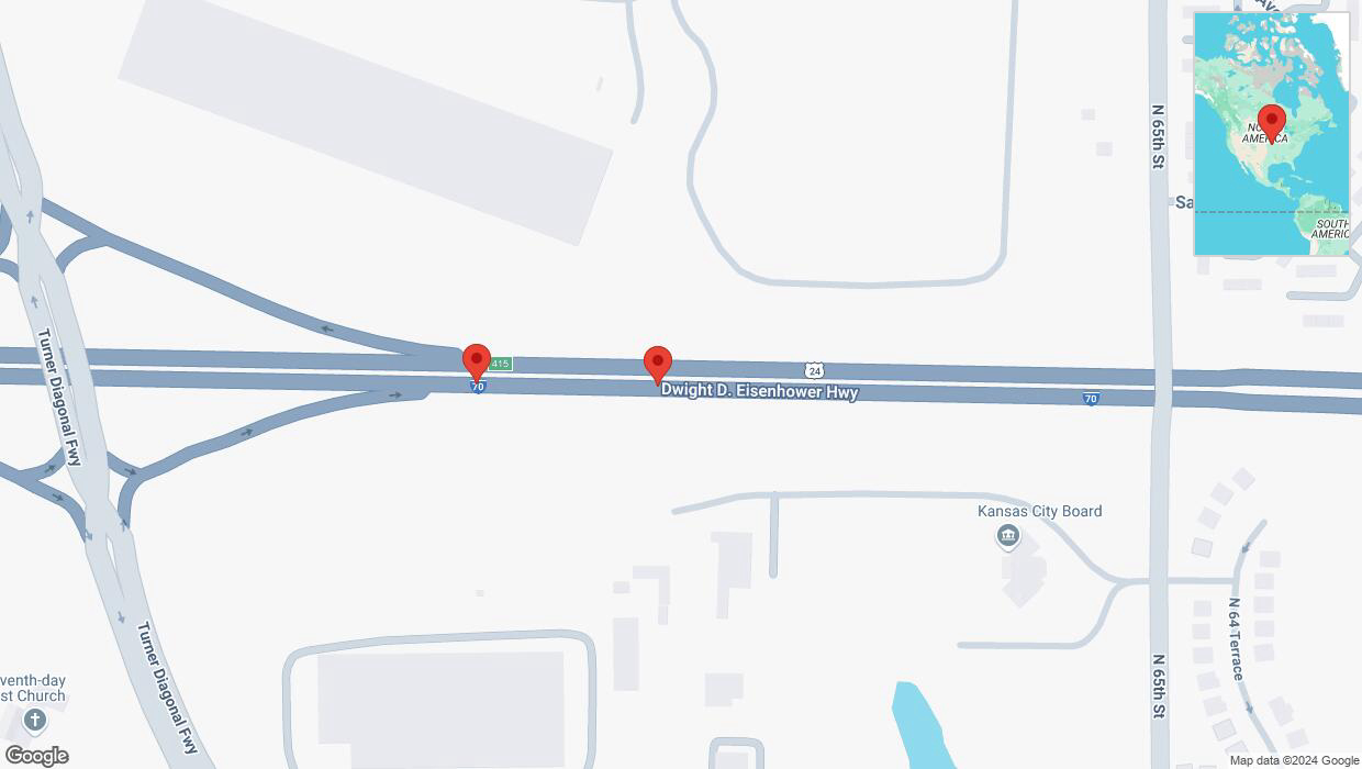 A detailed map that shows the affected road due to 'Warning in Kansas City: Crash reported on eastbound I-70' on October 29th at 6:47 p.m.