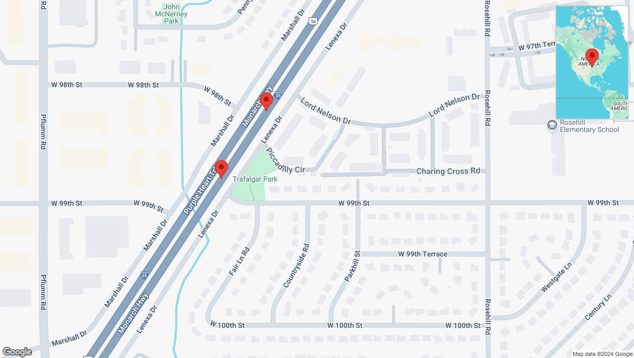 A detailed map that shows the affected road due to 'Broken down vehicle on eastbound I-35 in Lenexa' on October 29th at 8:23 p.m.