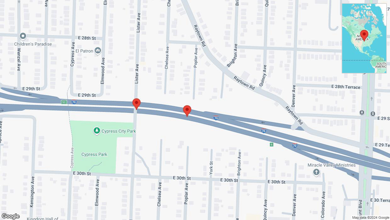 A detailed map that shows the affected road due to 'Warning in Kansas City: Crash reported on eastbound I-70' on October 29th at 9:59 p.m.