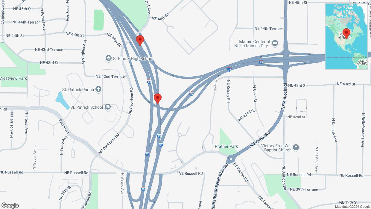 A detailed map that shows the affected road due to 'Warning in Kansas City: Crash reported on northbound I-29' on October 30th at 4:35 p.m.