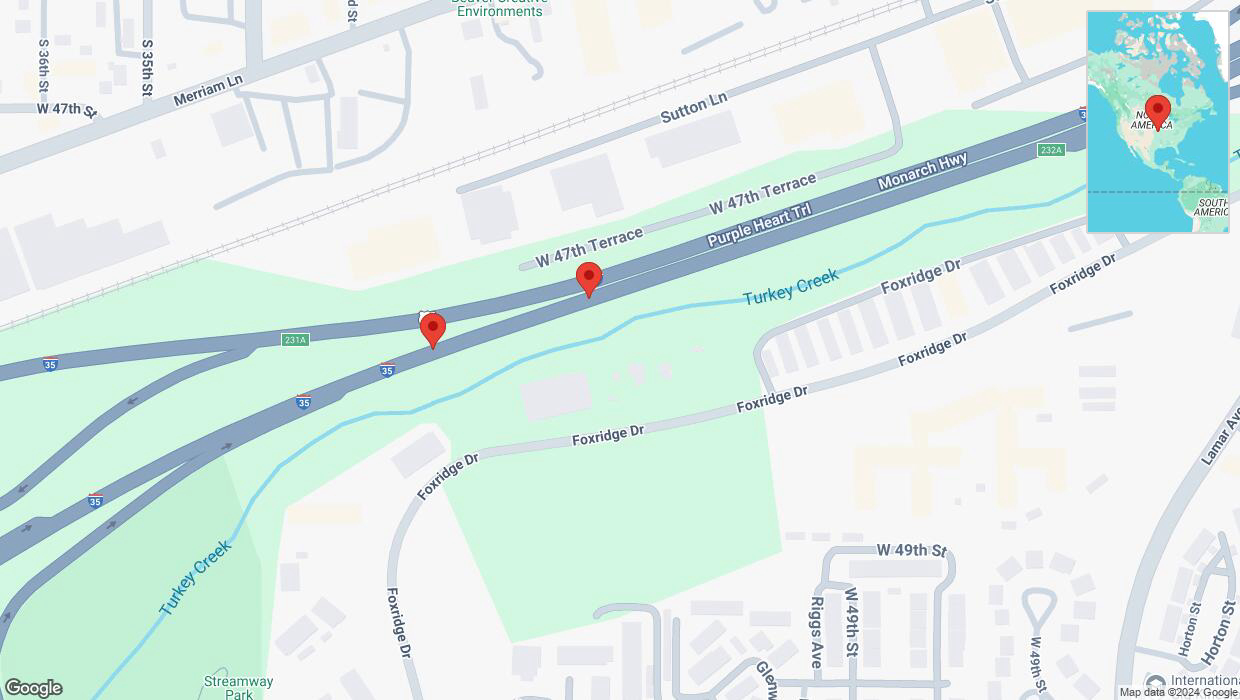 A detailed map that shows the affected road due to 'Broken down vehicle on northbound I-35 in Mission' on October 31st at 5:47 p.m.