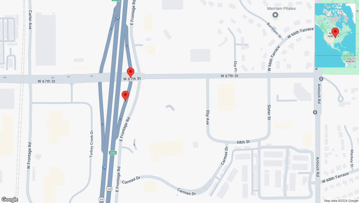 A detailed map that shows the affected road due to 'Broken down vehicle on East Frontage Road in Merriam' on November 1st at 5:05 p.m.