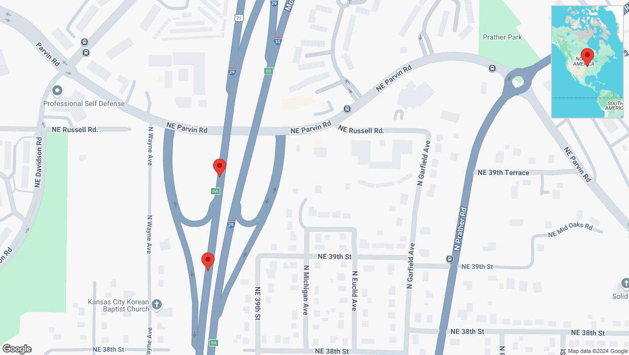 A detailed map that shows the affected road due to 'Broken down vehicle on southbound I-29/I-35 in Kansas City' on November 1st at 11:54 p.m.