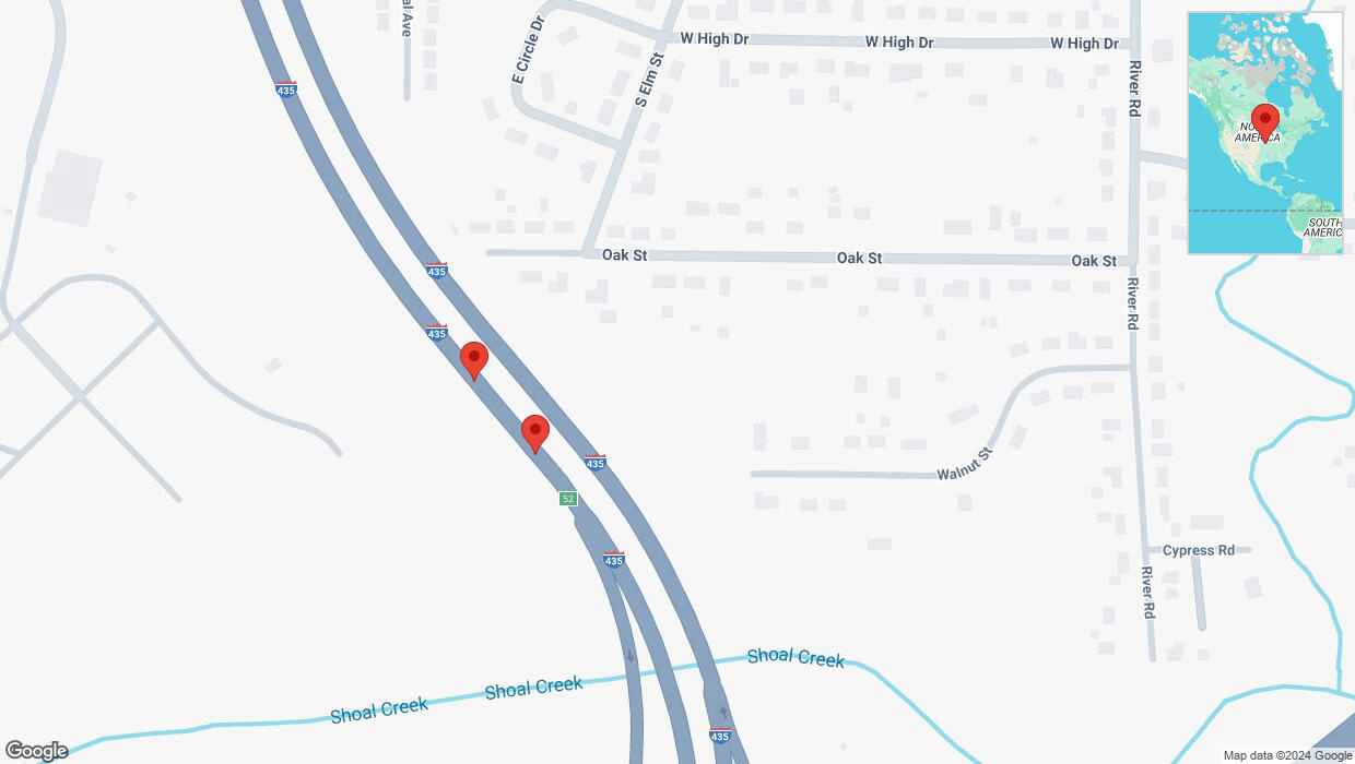 A detailed map that shows the affected road due to 'Broken down vehicle on southbound I-435 in Pleasant Valley' on November 3rd at 5:59 p.m.