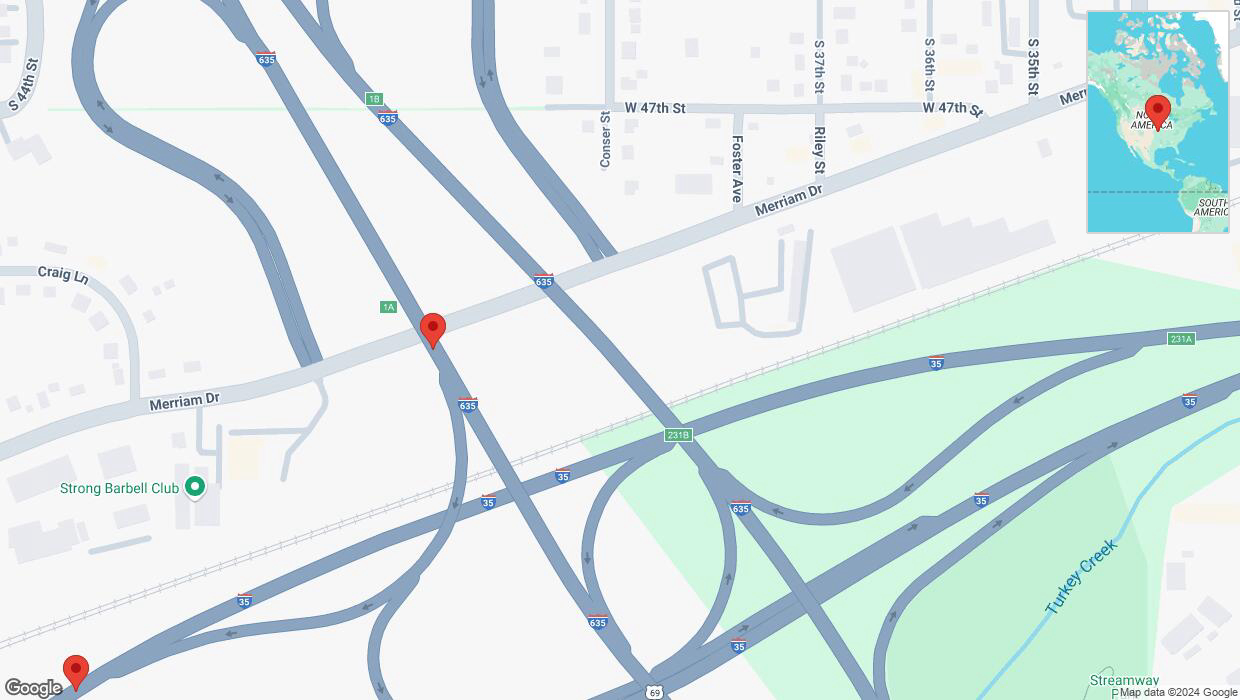 A detailed map that shows the affected road due to 'Heavy rain prompts traffic warning on the Harry Darby Memorial Highway in Overland Park' on November 4th at 5:29 p.m.