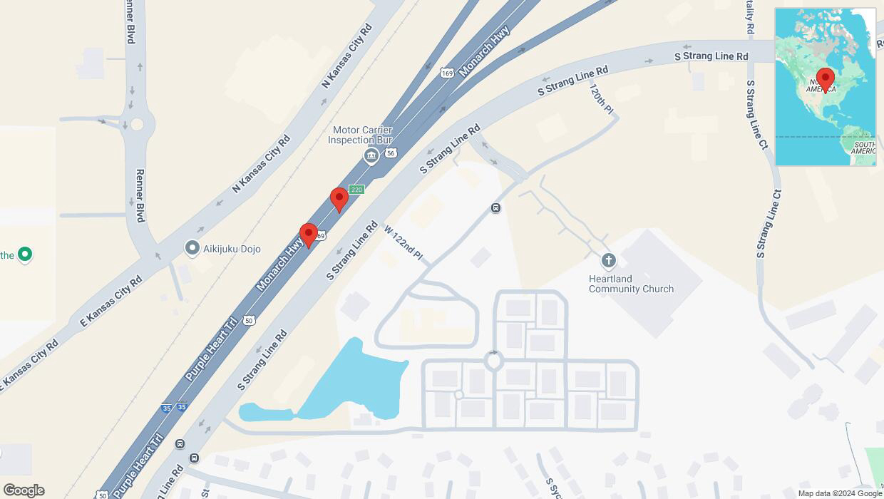 A detailed map that shows the affected road due to 'Broken down vehicle on eastbound I-35 in Olathe' on November 4th at 6:29 p.m.