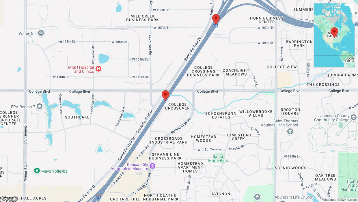 A detailed map that shows the affected road due to 'Heavy rain prompts traffic advisory on eastbound I-35 in Lenexa' on November 4th at 5:35 p.m.