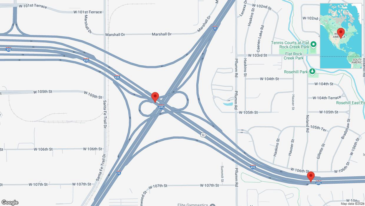 A detailed map that shows the affected road due to 'Heavy rain prompts traffic advisory on eastbound I-435 in Lenexa' on November 4th at 5:35 p.m.