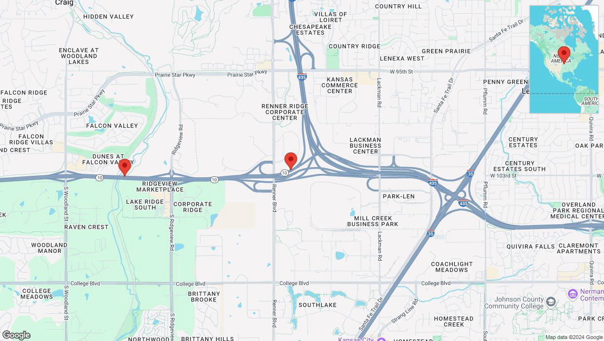 A detailed map that shows the affected road due to 'Heavy rain prompts traffic advisory on westbound K-10 in Lenexa' on November 4th at 5:41 p.m.