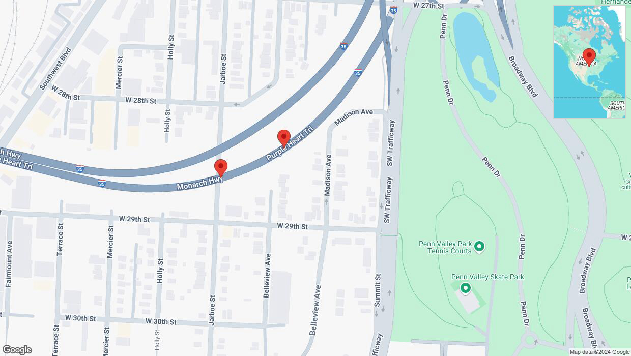 A detailed map that shows the affected road due to 'Broken down vehicle on northbound I-35 in Kansas City' on November 4th at 6:23 p.m.
