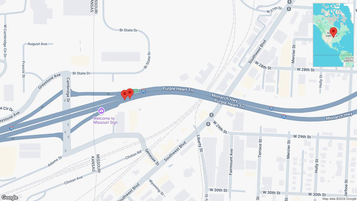 A detailed map that shows the affected road due to 'Broken down vehicle on northbound I-35 in Kansas City' on November 5th at 12:17 p.m.