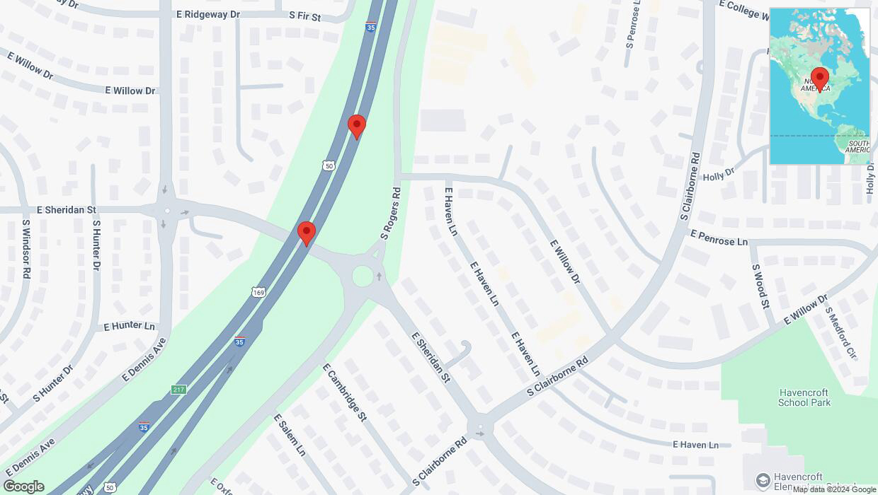 A detailed map that shows the affected road due to 'Broken down vehicle on eastbound I-35 in Olathe' on November 5th at 11:59 a.m.
